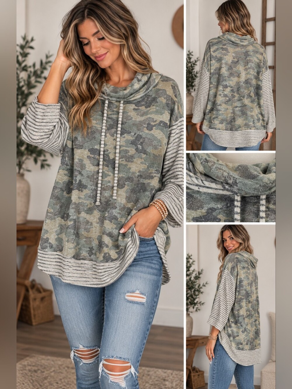 Cato Women’s 18/20W Camo Striped Cowl Neck Hoodie Tunic Pullover Plus Size